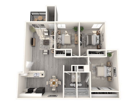 Floor plan for 3 beds, 2 baths, 1057 sqft